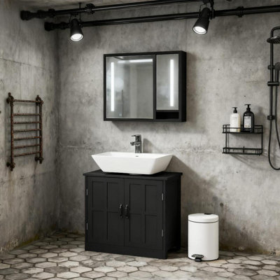 Bathroom Sink Cabinet, Pedestal Sink Cabinet With Adjustable Shelf, Black