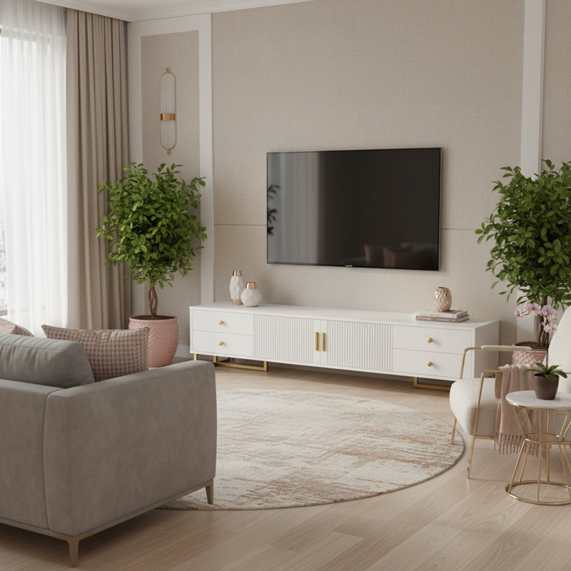 Modern TV Stand with 4 Drawers, Cabinet Storage, Cable Management, and Wave Groove Design – Fits TVs up to 65"