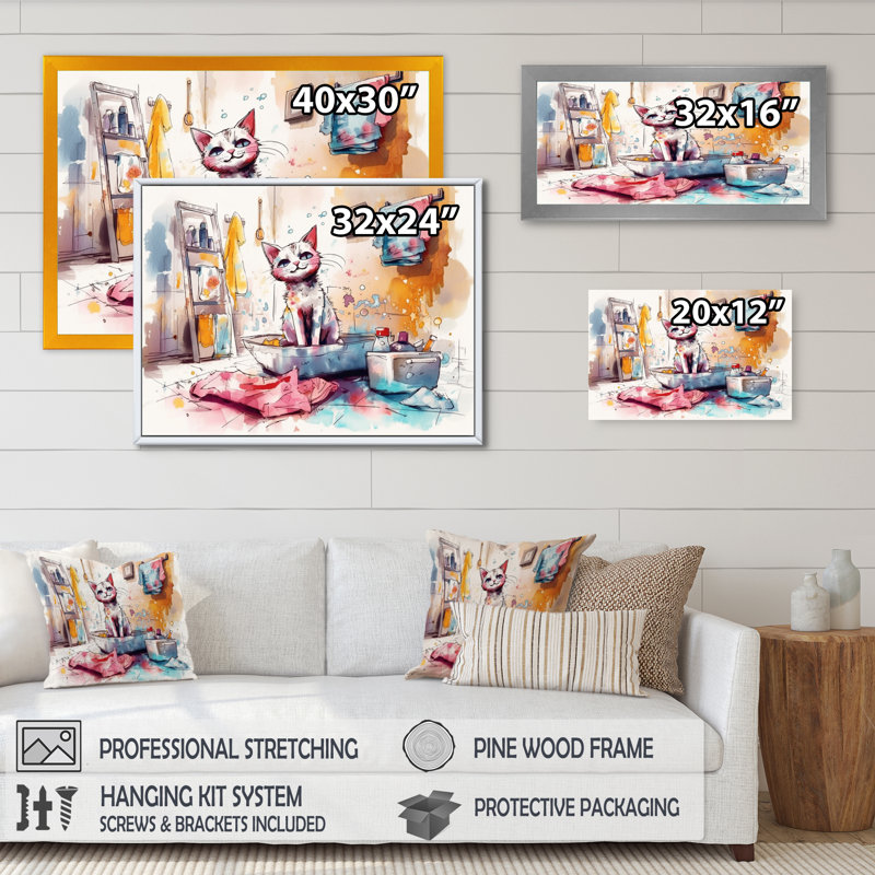 Chat coloré dans la salle de bain - animaux, art mural pour salle de bain, H 24 po x l 32 po x P 1 po