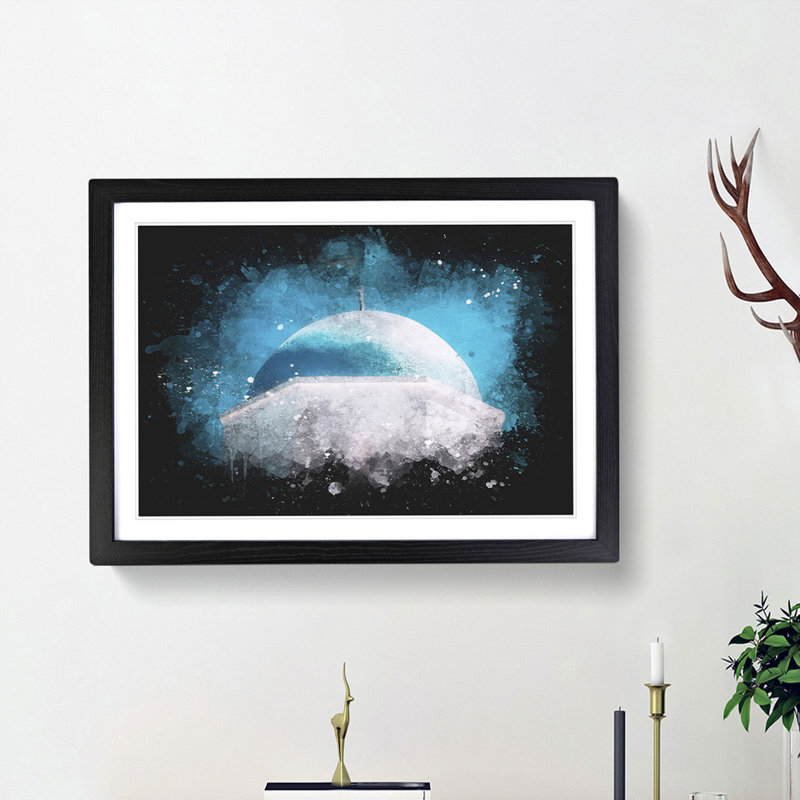 Blue Domed Church in Santorini - Picture Frame Painting Print, 33cm H x 45cm W x 2cm D, Black Framed