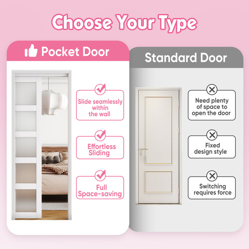 30 in. x 80 in. White Primed MDF Pocket Door Frame with Frosted Panel