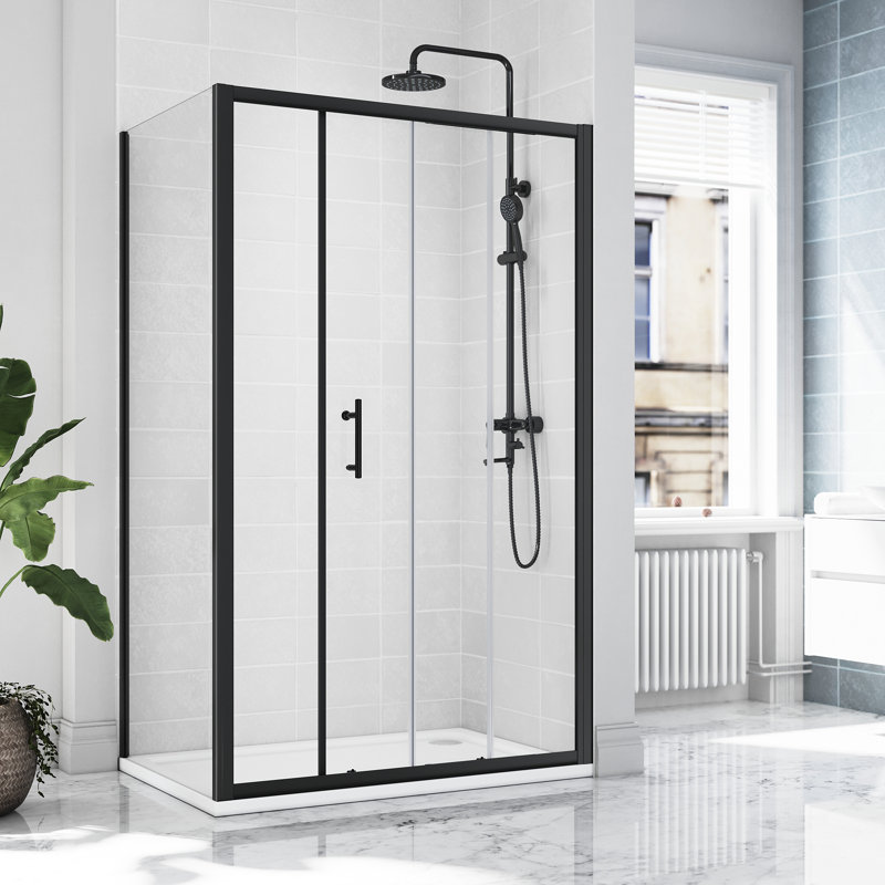 185*100*0.6cm, Safe and Easy-To-Clean Sliding Shower Enclosure with Side Panels, Black