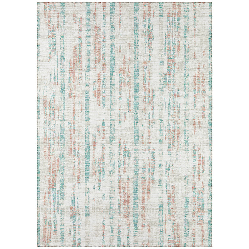 Ivory and Teal Flat Woven Chenille 5' x 7' Area Rug