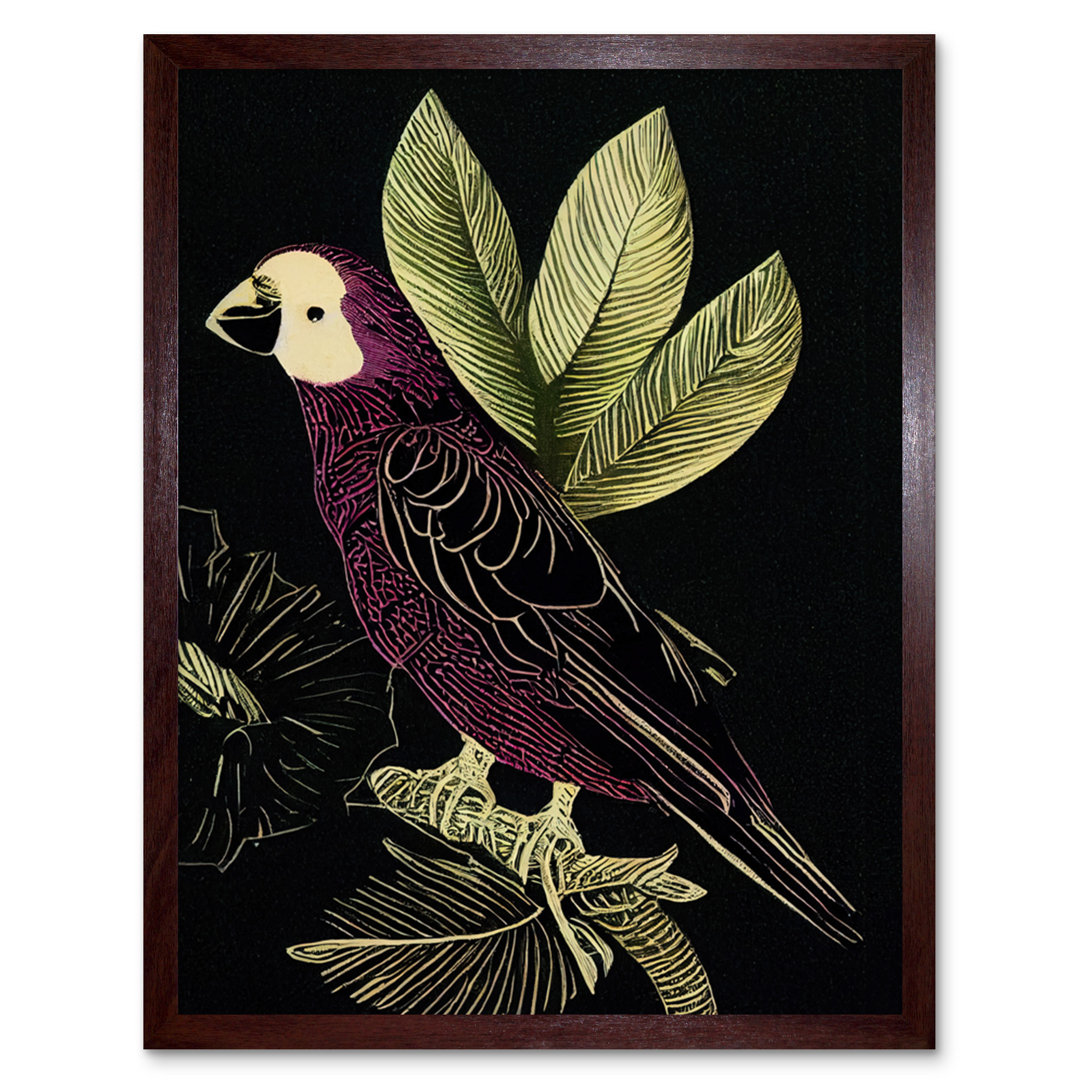 Parrot Leaves Tree Branch Vintage Linocut - Print