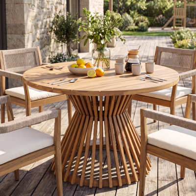 Barlowe Organic Modern Solid Acacia Wood Dining Table with Sunburst Slatted Pedestal for Indoor & Outdoor Use