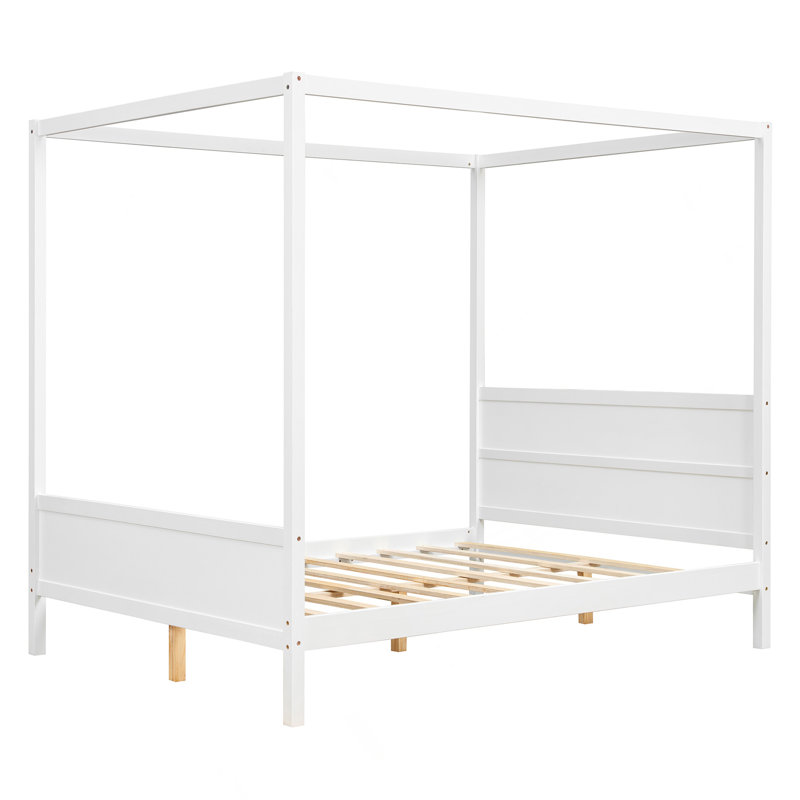Lit plateforme à baldaquin avec tête et pied de lit, pieds de support à lattes , Blanc