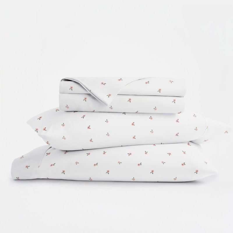 Ensemble de literie 4 pièces Ditsy, Ensemble de draps pour grand lit avec 2 taies d'or, Rose / fleurs roses