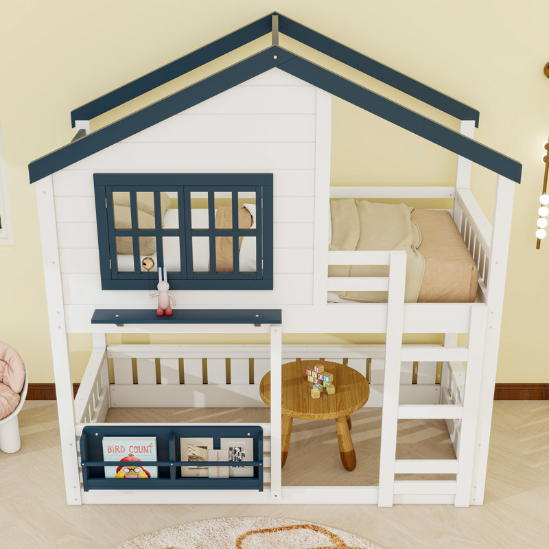 Wood Floor Bunk Bed With Bookshelf And Guardrails, Twin Over Twin, White/Blue