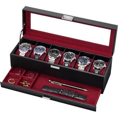 6-Slot Watch Case for Men, Mens Jewelry Box with Glass Lid, Gift for Him -Winered