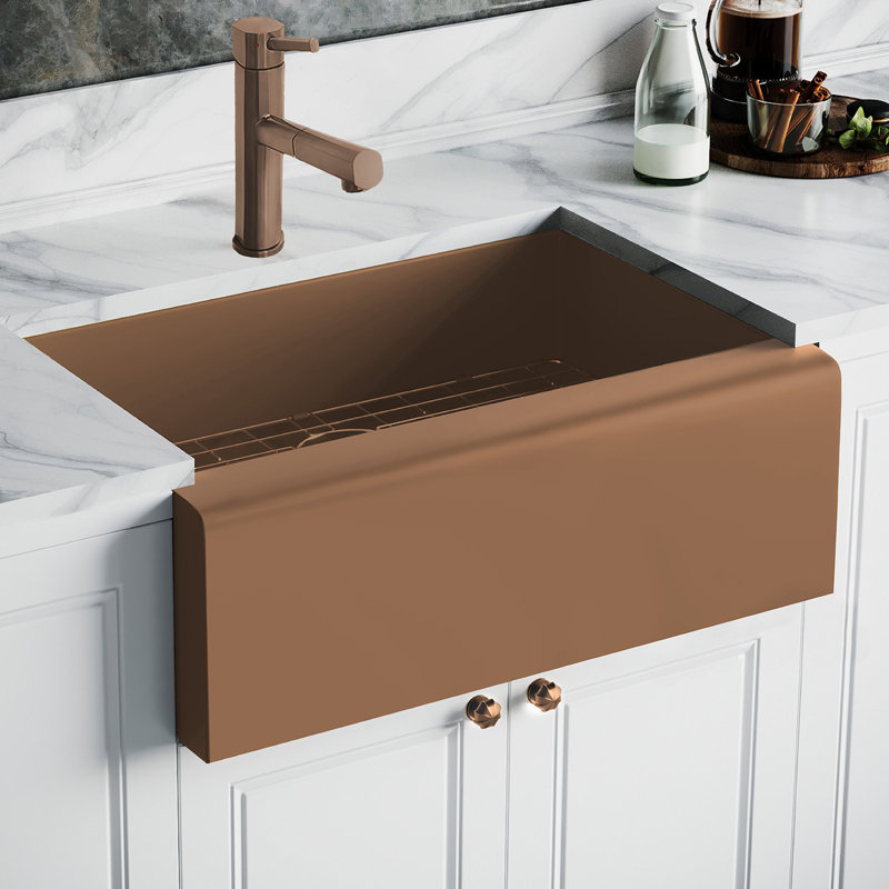 Noah Plus 30" L x 20" W Farmhouse Kitchen Sink with Basket Strainer, Copper
