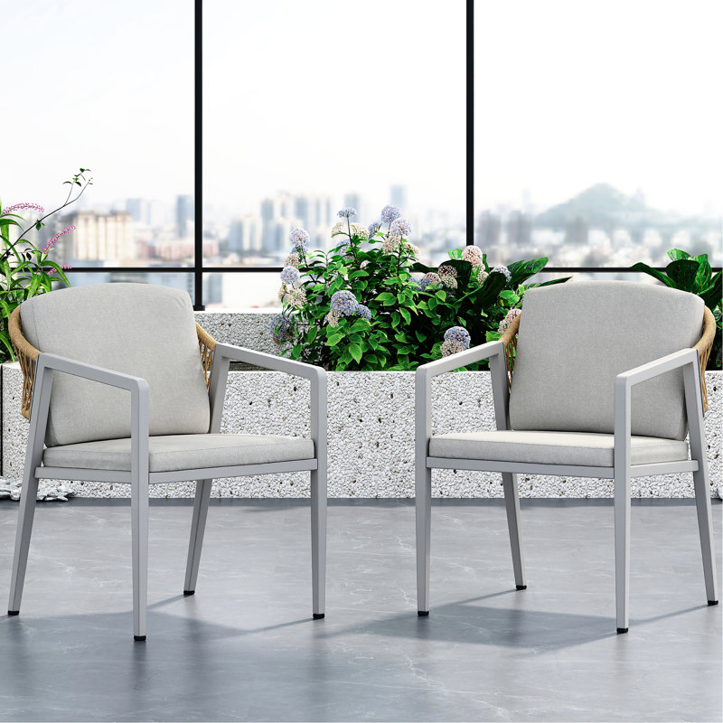 2 pièces chaises de patio pour l'extérieur - eau de tissage - assise et coussin en fer structure stable gris météo