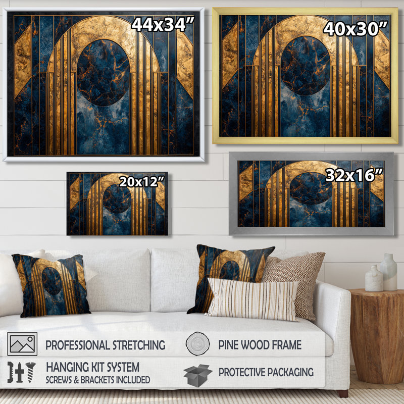 Formes géométriques noyer doré - Abstrait Art déco sur toile, H 24 po x l 32 po, Cadre flottant, Noir