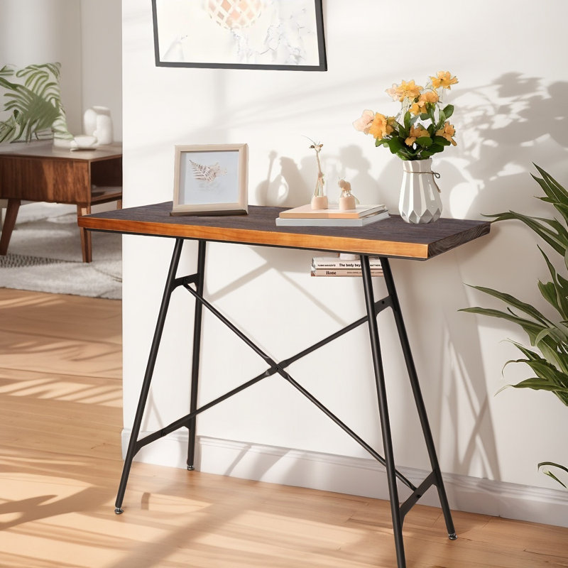 Table de bar, L 45,3 po x H 41,34 po, hauteur de bar, table de pub, haut, rectangulaire, console, table basse, cuisine, salle à manger, espace étroit, salon, intérieur, métal noir industriel, bois brun rustique