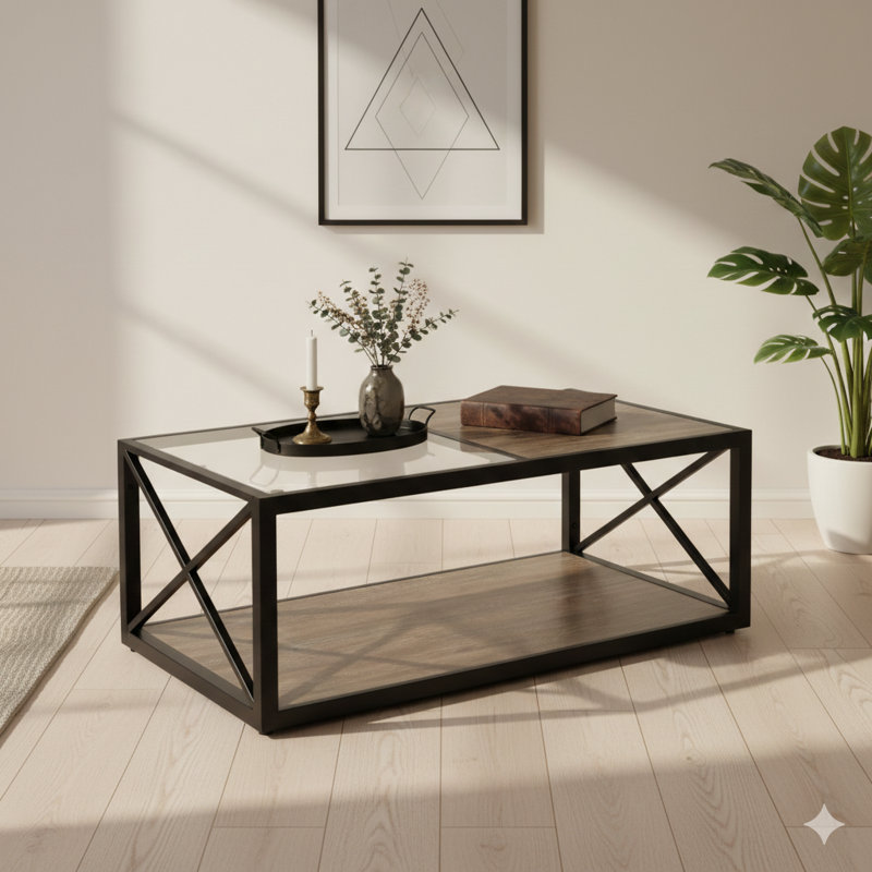 Table basse moderne pour chambre à coucher et salon, en verre trempé et panneau de fibres à densité moyenne rustique, dans un style industriel.