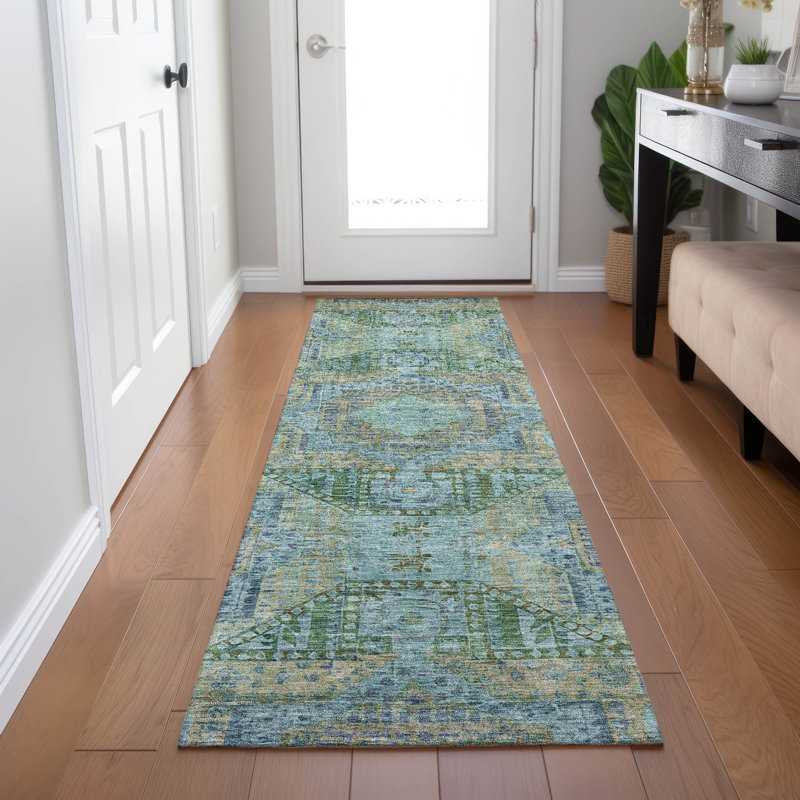 Machine Washable Indoor/Outdoor Xhevrie Green Rug, Runner 2'3" x 7'6"