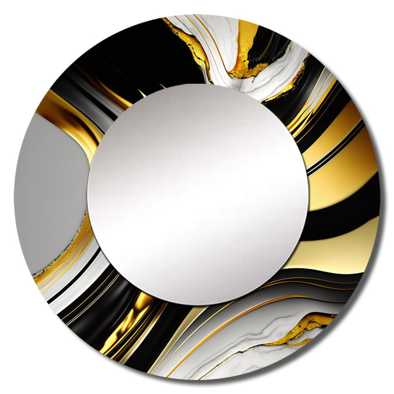 Pastoriza abstrait Geode Marble Waves Gold II - miroir abstrait, miroir mural rond unique moderne, impression sur métal