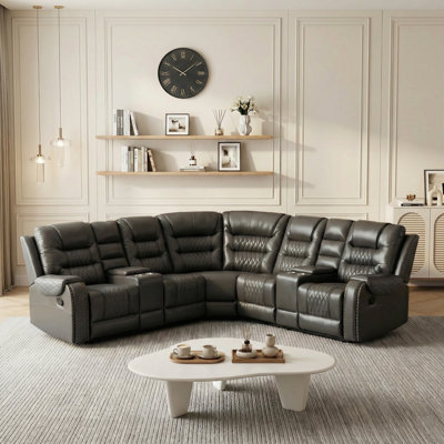 Canapé modulaire inclinable manuel en cuir synthétique 3 pièces, avec porte-gobelet et console