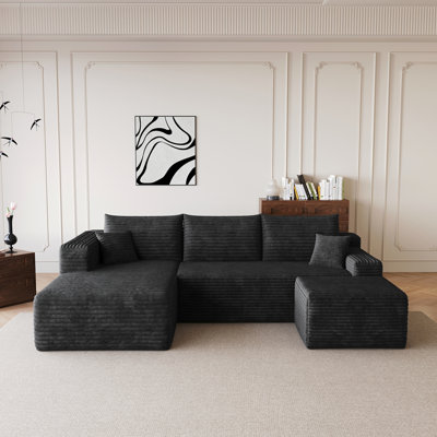 Canapé modulaire 95 po avec 1 repose-pieds Cloud, fauteuils rembourrés minimalistes modernes, canapé confortable en forme de U pour le salon, canapé d'angle à siège profond, aucun assemblage requis, noir (tissu en velours côtelé moelleux)