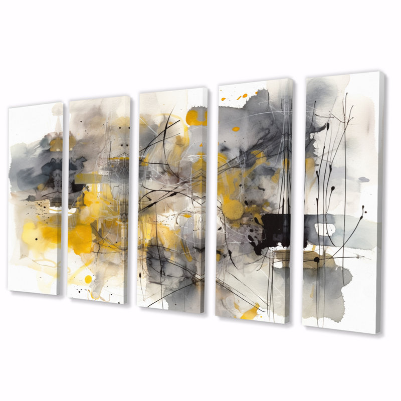 Jaune et gris au-delà de la toile II - reproduction d'art murale abstraite - 5 panneaux égaux