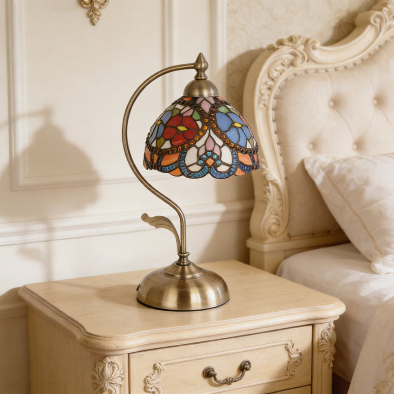 17.3" H Tiffany Stained Glass Table Lamp, Vintage Gooseneck Table Lamp