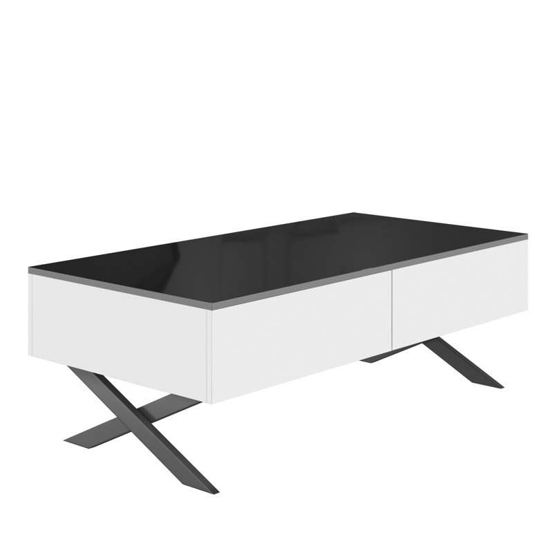 Table basse rectangulaire à miroir pour le salon avec rangement et base en métal, 2 tiroirs, plateau noir ultrabrillant, 47,3 po