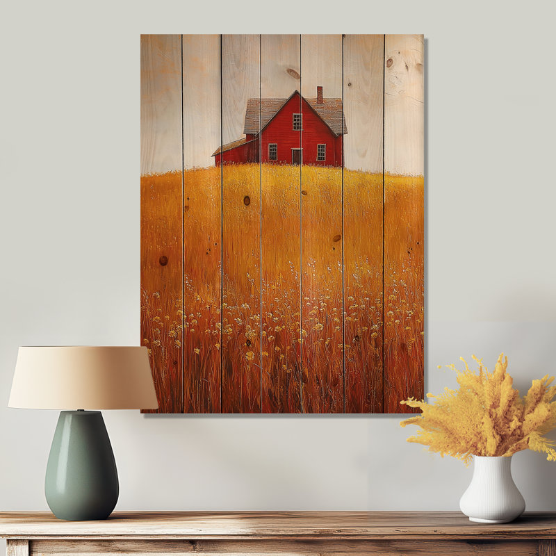 Countryside Golden Fields By The Farmhouse III - Countryside Wood Wall Art - On Natural Pine Wood, 32" H x 24" W x 0.78" D