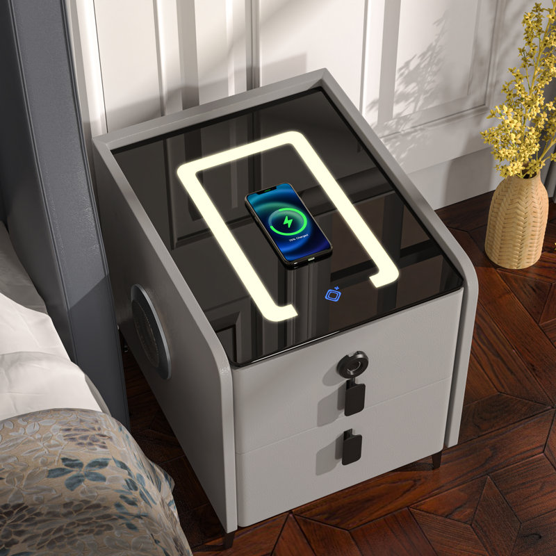 Jaylis 2 - Drawer Small Nightstand with Fingerprint Lock and LED and Music Player, Grey