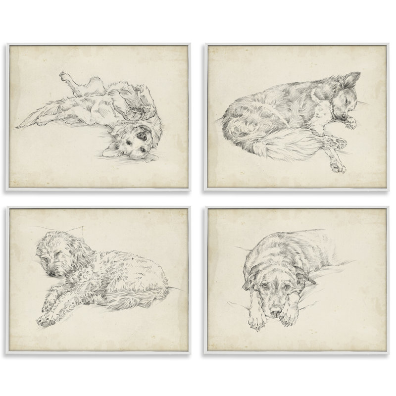 Ensemble de 4 reproductions de giclées encadrées par un chien antique, dessin par Ethan Harper, H 11 po x l 56 po