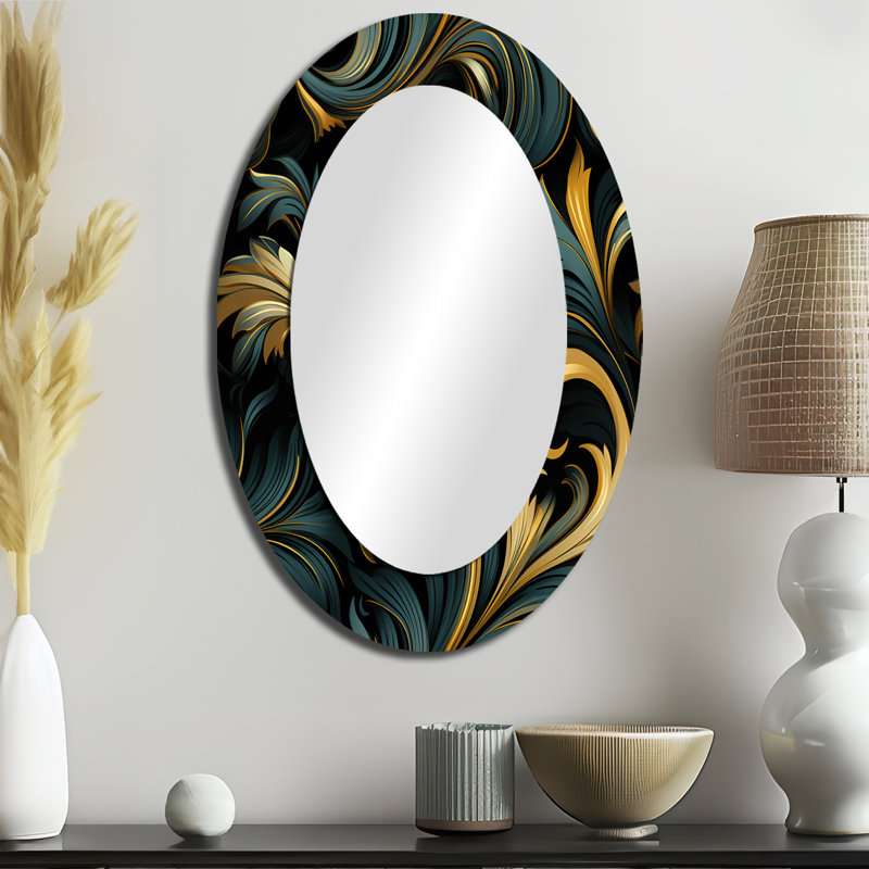 Rosco Gold and Blue Luxury Damask Symphony - miroir décoratif damassé, grand miroir mural doré, impression sur métal, Ovale