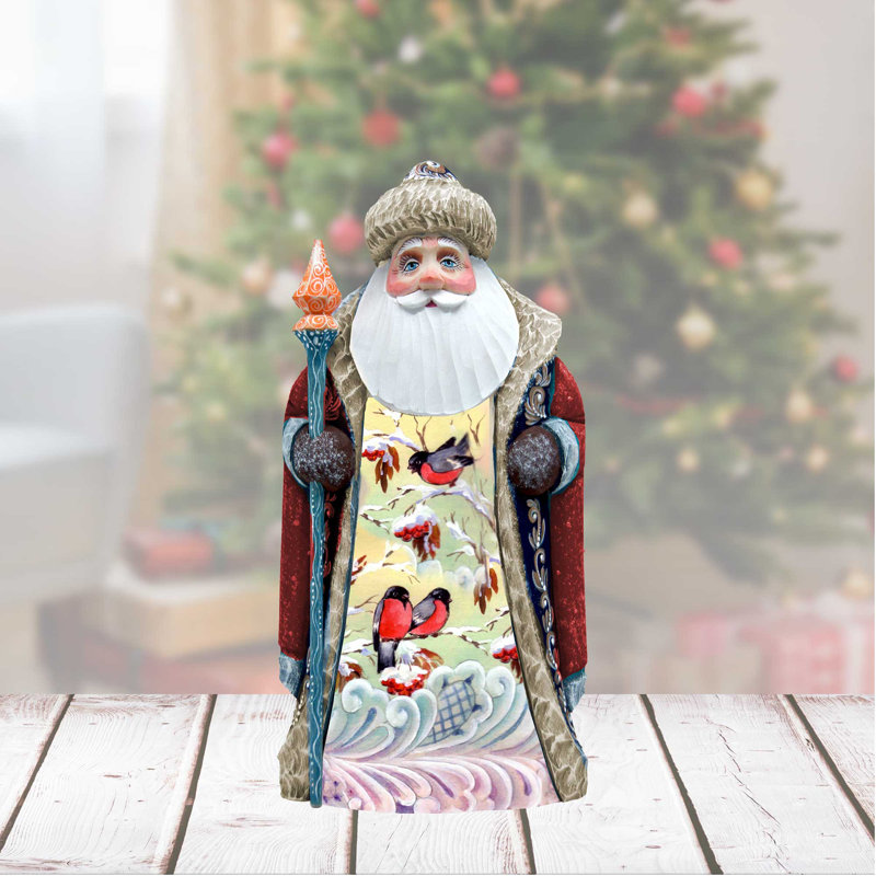 Wood Carved Winter''s Morning Bird Chirping Santa Figurine By G.Debrekht
