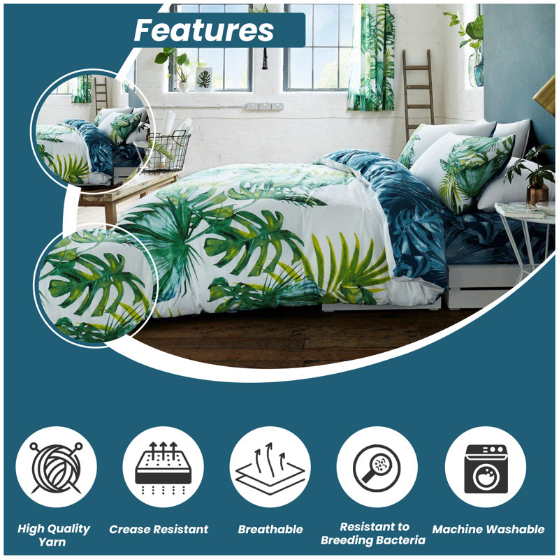 Tropical Leaf Print Duvet Cover Set with Matching Pillowcases - Polycotton Bedding, Single