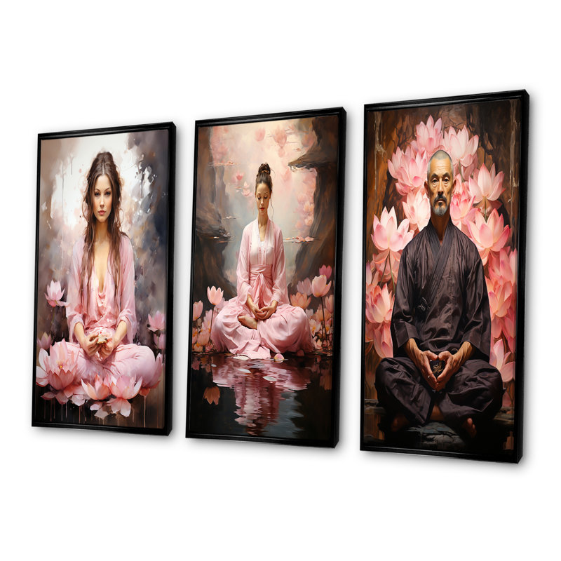 Yoga Lotus Asana - Yoga Wall Art Living Room Set Of 3, Black Floater Framed, 28" H x 36" W