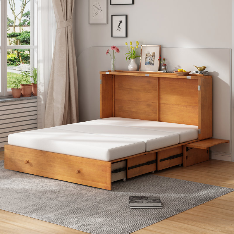 Grand lit escamotable Gracie Oaks, commode escamotable avec matelas en mousse à mémoire de forme, lit escamotable pliable peu encombrant avec station de charge et tiroir de rangement pour chambre à coucher, petit espace