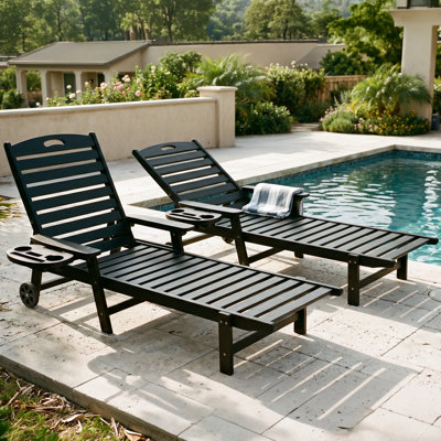 HDPE Adjustable Chaise Lounge with 5-Position Reclining, Foldable Side Table & Built-In Wheels for Patio Pool Deck(Set of 2)