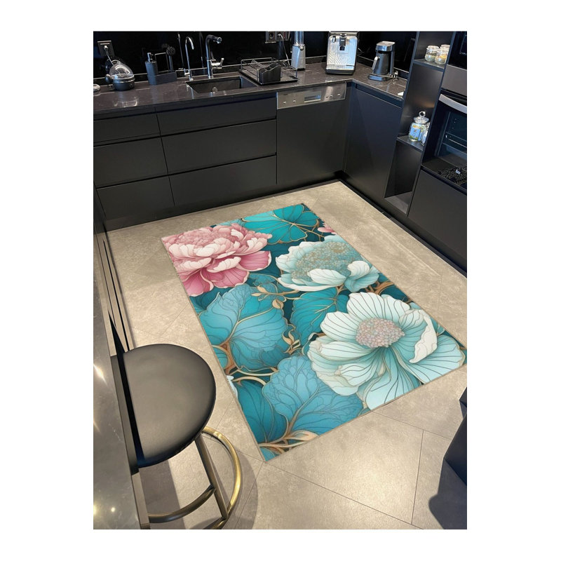 Turquoise Floral Rose Patterned Creative Modern Decorative Washable Rug, Runner 3'3" x 6'7" Rug Pad Included