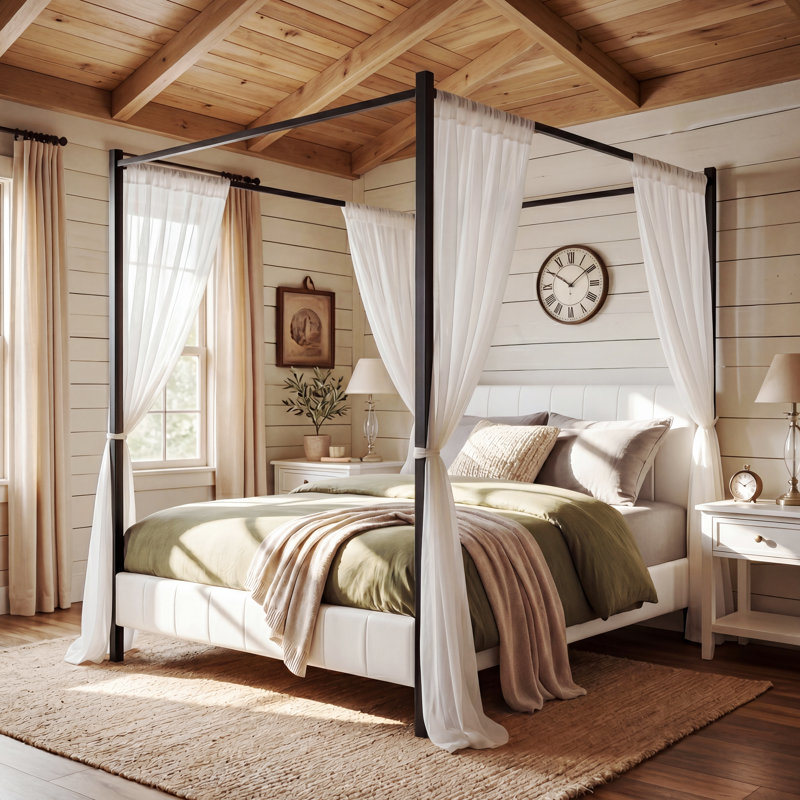Cadre de lit à baldaquin Avalon Modern Glam avec tête et pied de lit tapissier capitonné Channel, Grand lit