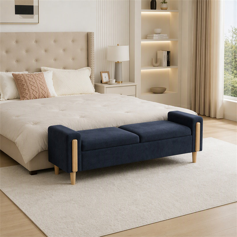 Banc de rangement moderne rembourré avec double couvercle et accoudoirs pour une organisation polyvalente du salon et de la chambre