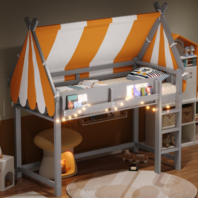  Lit mezzanine simple avec auvent, lumières DEL et bibliothèque, gris