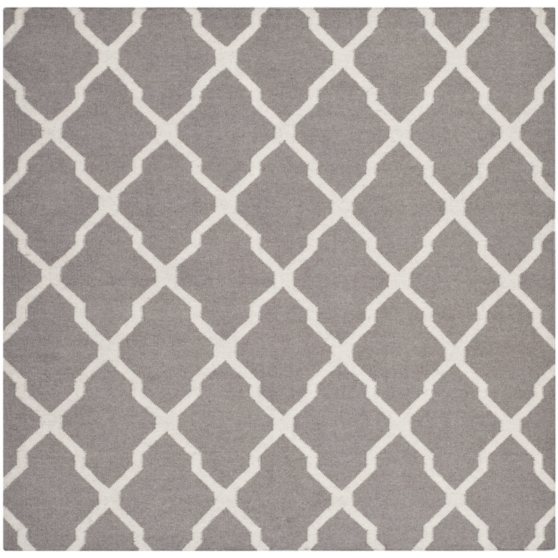 Rodgers Hand Woven Flat Weave Wool/Cotton Geometric Rug in Gray/Black, Square 6'