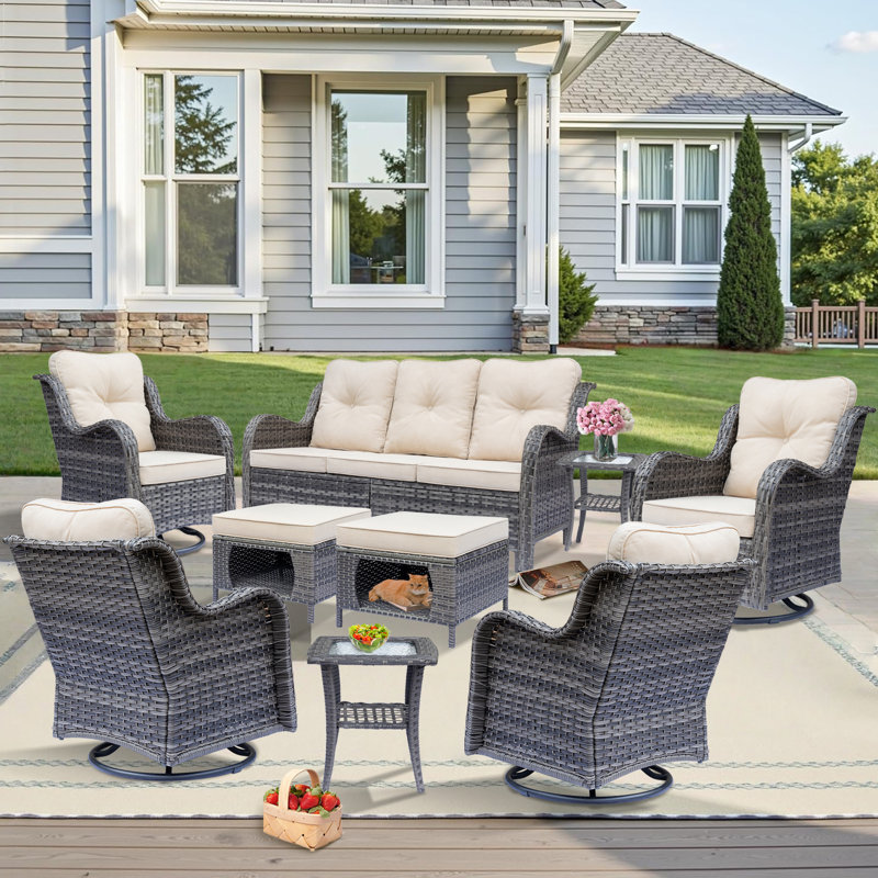 7 - Person Outdoor Seating Group With Cushions, Gray, Beige