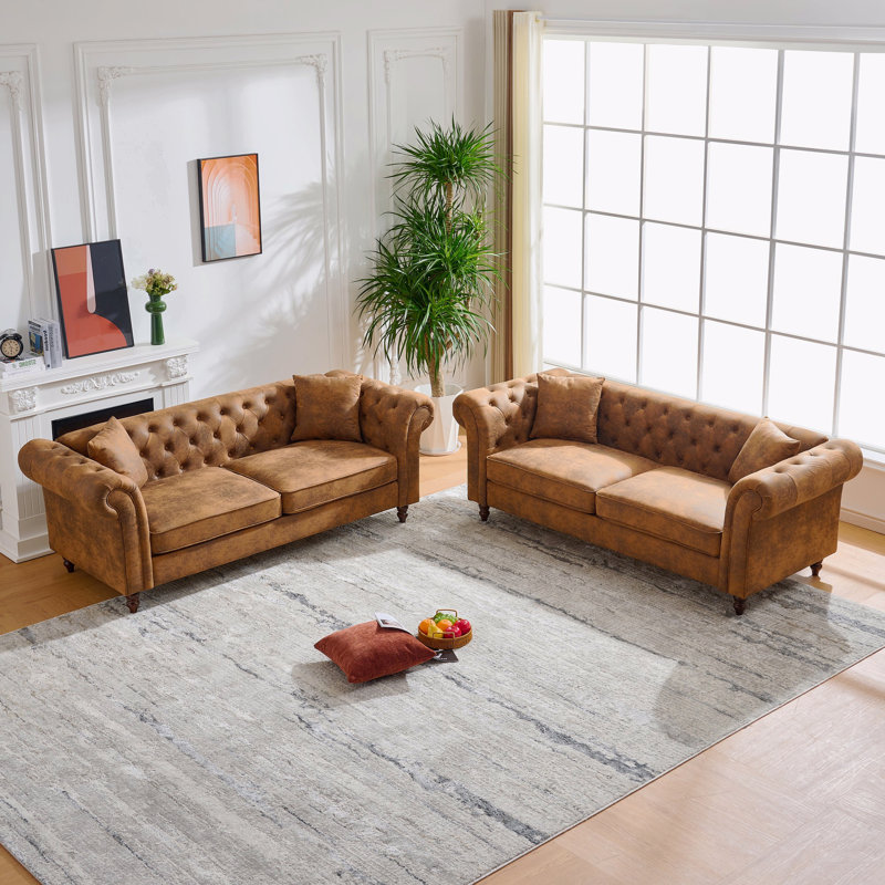 Ensemble de canapés 3 + 3 places Chesterfield FabricTech: canapé en tissu, accoudoirs roulés en tissu High-Tech, canapé rembourré de style Mid-Century, canapé 3 places + 3 sièges Combo