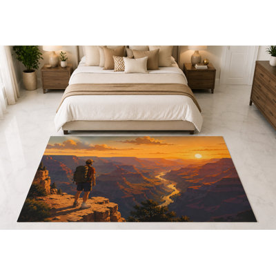 Tapis « ultra-fin » 152 x 213 cm (5 pi x 7 pi) Grand Canyon, motif coucher de soleil, idéal pour la chambre, le salon et le bureau à domicile. Moquette douce à poils courts avec envers antidérapant en silicone.