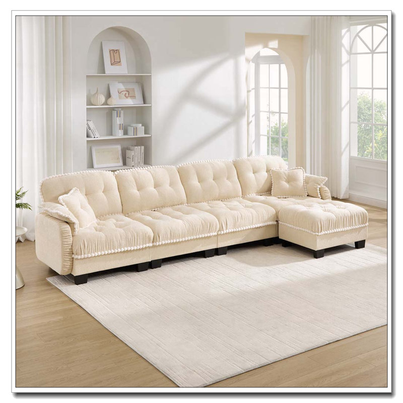 Canapé en L Chenille Cloud avec repose-pieds et 4 coussins, beige crème, 4 places et 1 repose-pieds, Beige