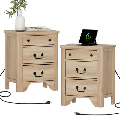 Haikey Farmhouse Wood Nightstand Set of 2 With Built-In Charging Station