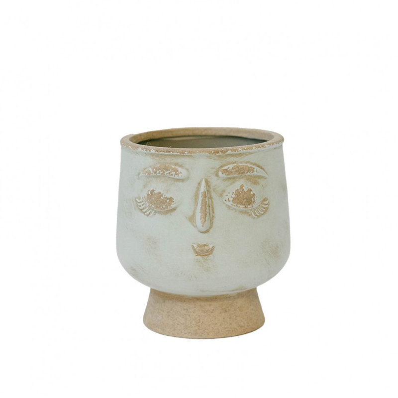 Rustic Light Green And Beige Ceramic Smilling Face Planter, 7" H x 5.5" W x 5.5" D