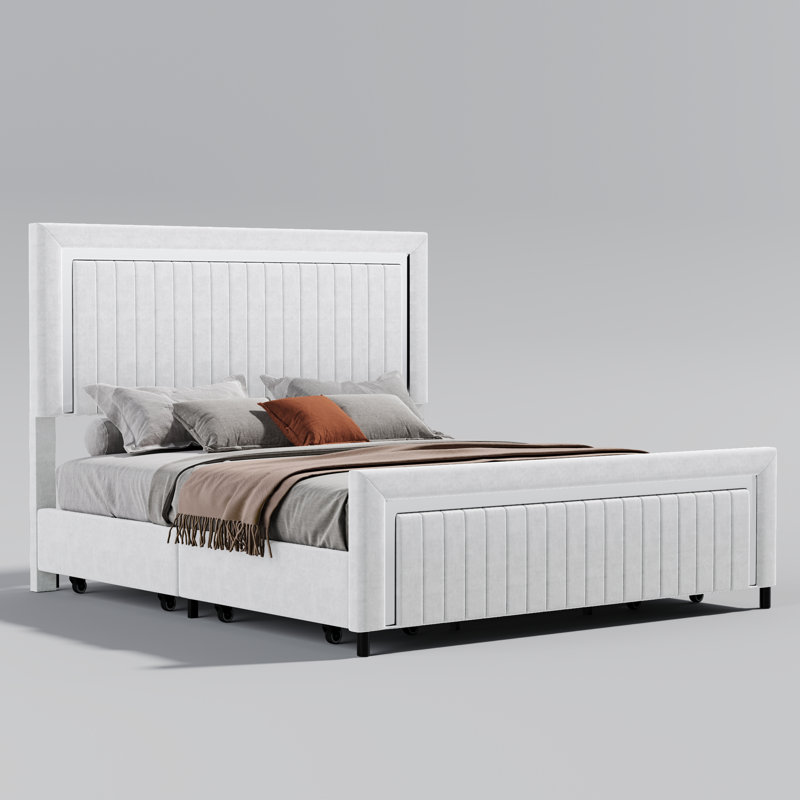 Deovion LED Upholstered 4-Drawer Platform Bed, Queen, White