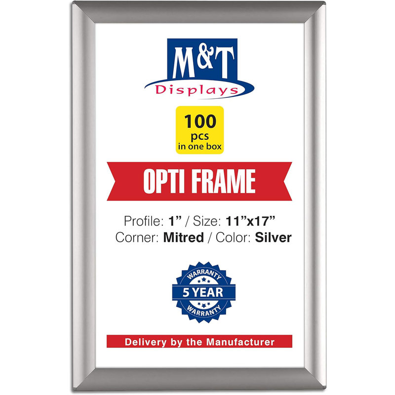 Opti Snap Poster Frame 11x17 Inch Silver 1" Aluminum Profile Front Loading Wall Mounting (100 pack)