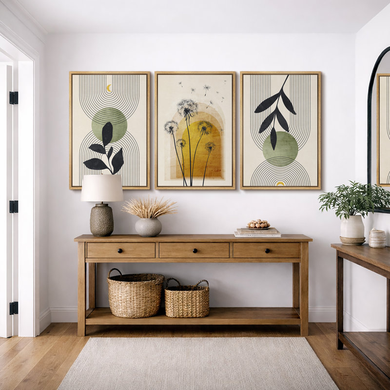 Illustration de pissenlit abstraite de style Mid-Century moderne bohème, images murales de salon moderne et chic, impression sur toile encadrée, ensemble de 16 pièces x 16 po x 3 pièces, 24 po x 36 po x 3 pièces