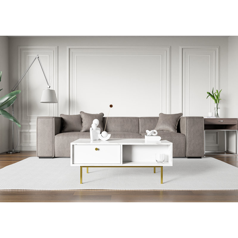 Coffee Table Ketan with Storage Space, White Marble Gloss