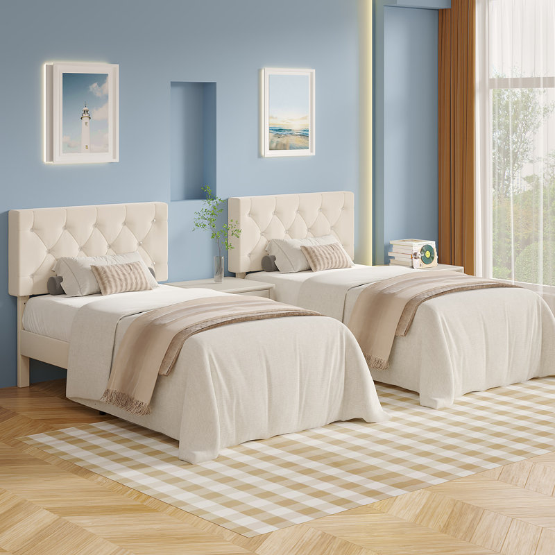 Twin Size Bed Set Upholstered Platform With Adjustable Diamond Tufted Headboard, Beige
